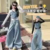 Conjunto Estilo Coreano para Meninas Primavera 2026 Novo Doce e Descolado Top Patchwork de Jeans em Forma de Coração Calça Jeans Wide-Leg Solta com Strass