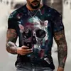 Camiseta Masculina Casual de Verão 2024 com Gola Redonda, Manga Curta, Estampa Fashion 3D de Caveira de Terror, Modelo Soltinho