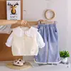 Conjunto dulce estilo coreano para niñas, nueva colección elegante de otoño 2026, suéter de manga larga de color caramelo, chaleco, conjunto de tres piezas