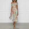 Vestido longo floral elegante de manga curta ombro a ombro com estampa digital, site independente Amazon, moda feminina europeia e americana 2026