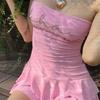 Vestido estilo Spice Girl con hombros descubiertos, largo tubo y volantes, estilo coreano, primavera y verano