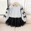 Amazon Transfronterizo Otoño Nuevo Top Gris de Manga Larga con Lazo Tridimensional y Falda de Malla Negra Ropa Infantil