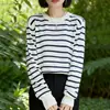 26 Verano Nuevo Estilo Seda de Hielo Rayado Cuello Redondo Delgado Bloque de Color Manga Larga Versátil Moderno Holgado Casual Top de Punto para Mujer