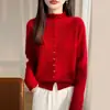 Suéter de punto de lana transfronterizo para otoño e invierno para mujer, camisa base de cuello alto, cárdigan de ganchillo hueco suelto engrosado de cuello semi-alto