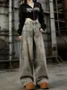 Jeans retro cinza claro estilo americano com barra curva para mulheres, estilo high street primavera/outono 2026, calça pantalona de cintura baixa