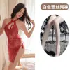 Sexy Tentación Espalda Descubierta Retro Cheongsam Uniforme Divertido Tentación Aberturas Hueco Encaje Caliente Perspectiva Camisón Verano para Mujer