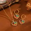 Acessórios de Zircônia Cruz Colorida Contas Redondas Colar de Coração Brincos Personalidade Feminina Conjunto de Colar Brinco de Aço Inoxidável