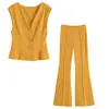 Traje de dos piezas de verano 2025 para mujer, nuevo, cuello en V, sin mangas, top tipo chaleco, tela de doble cara, pantalones acampanados de cintura alta