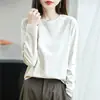 Camiseta de Manga Longa Dupla Face de Algodão Mercerizado para Primavera e Verão Feminina, Gola Redonda, Algodão Puro de Fibra Longa, Top Soltinho de Algodão Penteado, Camiseta Base