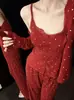 Pijama Suspender de Renda Vermelha Estilo Doce e Puro Conjunto de Três Peças para Mulheres Nova Coleção Primavera e Outono Tema Amoroso Roupa de Casa Algodão Puro