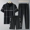 Conjunto Nuevo de Polo de Verano para Hombre Día del Padre Seda de Hielo Manga Corta Pantalón Largo Conjunto de Dos Piezas Ropa Deportiva Casual para Papá