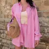 Conjunto de Moda Verão Europeu e Americano Transfronteiriço 2026 Casual Simples Estilo Resort Camisa de Manga Longa Cor Sólida Cardigan Shorts