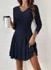 2026 Europeu e Americano Transfronteiriço Amazon Novo Elegante Vestido Curto de Malha com Decote V e Mangas Longas com Barra Larga para Mulheres em Preto