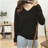 Suéter de punto básico multicolor suelto adelgazante con cuello en V de color sólido para mujer, suave, encerado, cómodo, de manga larga, blusa que combina con todo.