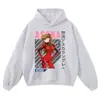 Sudadera con capucha negra lavada desgastada con estampado de anime, estilo retro americano, corte holgado, sudadera de marca moderna para otoño e invierno