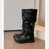 Botas de mezclilla de caña alta para otoño e invierno con hebilla, cinturón vintage, nuevas botas de moda 2026, botas de montar apiladas, prendas de abrigo western plisadas
