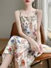Vestido de tirantes de seda estilo francés para mujer 24 Verano Floral Cuello en V Vacaciones en la playa Línea A Midi Ácido Acético