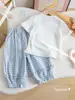 Conjunto de Verano para Niñas Lindo Bordado de Dibujos Animados Adorno de Encaje Camiseta de Manga Corta Pantalones Casuales Cuadros a la Moda Conjunto de Dos Piezas