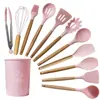 Espátula de Silicona con Mango de Madera, Cuchara para Sopa, Colador, Juego de 12 Piezas, Sartén Antiadherente, Espátula de Silicona, Juego de Utensilios de Cocina de Silicona Resistentes a Altas Temperaturas