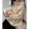 Suéter de inverno estilo coreano para meninas, nova coleção 2026, com chapéu de algodão patchwork e design de malha canelada com meio zíper