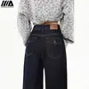 Calça Jeans Feminina Azul Escuro Estilo Americano de Cintura Baixa Reta, Nova Outono Solta Emagrecedora Jeans Estreita ou Larga Comprimento Total