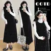 En stock: Nuevo Estilo de Primavera Elegante Vestido de Maternidad de Terciopelo Resistente con Cuentas, Inspirado en Chanel, con Cuello Semi Alto y Conjunto de Capa Base