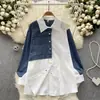 Camisa de manga larga estilo Hong Kong retro para mujer, otoño e invierno, costuras irregulares, diseño holgado de mezclilla, top con temperamento