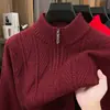 Suéter masculino de tricô grosso com zíper parcial transfronteiriço, pulôver casual de inverno com gola alta, malha quente para camada base para homens de meia-idade