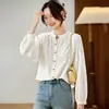 Camisa Redonda de Algodón Cocoon Color Albaricoque para Mujer, Manga Larga 2026 Primavera y Otoño Manga de Linterna Holgada, Camisa Bordada de Algodón Puro