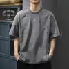 Camiseta Masculina de Manga Curta Lavada Vintage Pesada de Verão Solta Tamanho Grande Costura Camiseta Velha Casual Americana Tendência Meia-manga