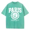 Camiseta Informal Transfronteriza para Mujer Lavado Ácido Camiseta con Estampado Ciudad Descubrimiento París Algodón Desgastado Manga Corta Moderna Negra para Mujer