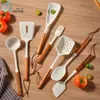 Cabo de Madeira de Acácia Branca Utensílios de Cozinha de Silicone Espátula Resistente a Altas Temperaturas Espátula de Cozinha Colher de Sopa Diária Raspador para Cozinha Colher para Panela Quente