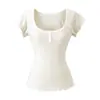 Blusa Feminina Verão Nova Manga Curta Levemente Transparente, Cintura Fina Estilo Mangas Curtas Voadoras, Gola Quadrada, Botões, Estilo Puro Desejo