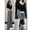 Jeans Feminino Micro Flare Outono Inicial Novo Design Sensação Tamanho Grande Cheio Cintura Alta Elástico Cobre Quadril Emagrecimento Bainha Desfiada Flare