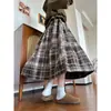 Saia Plaid de Lã Marrom para Mulheres, Novo Estilo Outono 2026, Cintura Alta, Linha A Emagrecedora, Comprimento Médio, Saia Evasê Petite