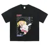 Camiseta negra lavada con estampado de manga japonesa desgastado, corte holgado, talla grande, oversize, top de verano, comercio exterior