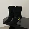 Botas da Moda Retrô Maillard Bico Fino Salto Fino Pregueadas Meio da Panturrilha Outono e Inverno Nova Moda Versátil Elásticas Slim para Mulheres