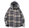 Camisa xadrez casual masculina japonesa de manga comprida, casaco solto com capuz e lapela, camisa de comércio exterior