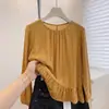Camisa amarilla de manga larga, corte regular, para mujer, nueva colección otoño temprano 2026, talla grande, con bajo fruncido para cubrir el abdomen