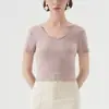 CANVAUS Camiseta de Manga Curta em Tencel Feminina Verão Novo Decote V Dupla Face Frente e Costas Manga Curta Slim Fit Emagrecedor Top Versátil