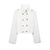 Venta al por mayor de ropa de mujer transfronteriza, nuevo producto de primavera 2026 estilo europeo y americano, chaqueta corta de doble botonadura de manga larga y cuello alto con botones dorados