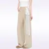 Pantalones casuales color caqui con ribete de encaje para mujer, nuevo estilo primavera-verano 2026, de cintura alta, holgados, hasta el suelo, de pierna recta, de pierna ancha
