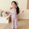 Conjunto de Calça Flare Dopamina para Meninas com Camiseta de Manga Curta, Calça Longa Fina de Verão, Estilo Elegante e Doce para Crianças Pequenas do Jardim de Infância