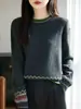 Suéter de tricô com design exclusivo em cores contrastantes, gola redonda, para mulheres, primavera e outono, com estilo relaxed, cinza claro e marrom escuro