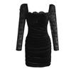 2026 Nova Moda Outono Roupas Femininas Estilo Garota Popular Slim Fit Puro Desejo Renda Peito Coberto Franzido Bodycon Vestido de Manga Longa 9585