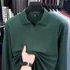Camisa polo masculina lisa de algodão puro com contas hexagonais e gola de gaivota de manga comprida, camiseta casual de manga comprida bordada de alta qualidade