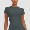 Nuevo producto transfronterizo: Ropa de yoga fina de color liso con cuello redondo, camiseta de entrenamiento ajustada, top deportivo de manga corta, ropa para correr y fitness