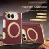 Adequado para Capa de Celular iPhone Duo Tela Dobrável, Suporte Magnético Giratório, Moldura Dourada Galvanizada, Capa Protetora Apple de Couro Liso