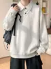 Jaqueta camisa listrada, estilo preppy, versátil, corte solto, design novo, moletom com gola falsa de duas peças, masculina de outono, manga longa, estilo americano