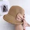 Chapéu de Pescador com Fita de Laço de Pérolas Estilo Japonês para Mulheres, Novo Estilo de Verão, Aba Enrolada, Chapéu de Palha Elegante para Proteção Solar